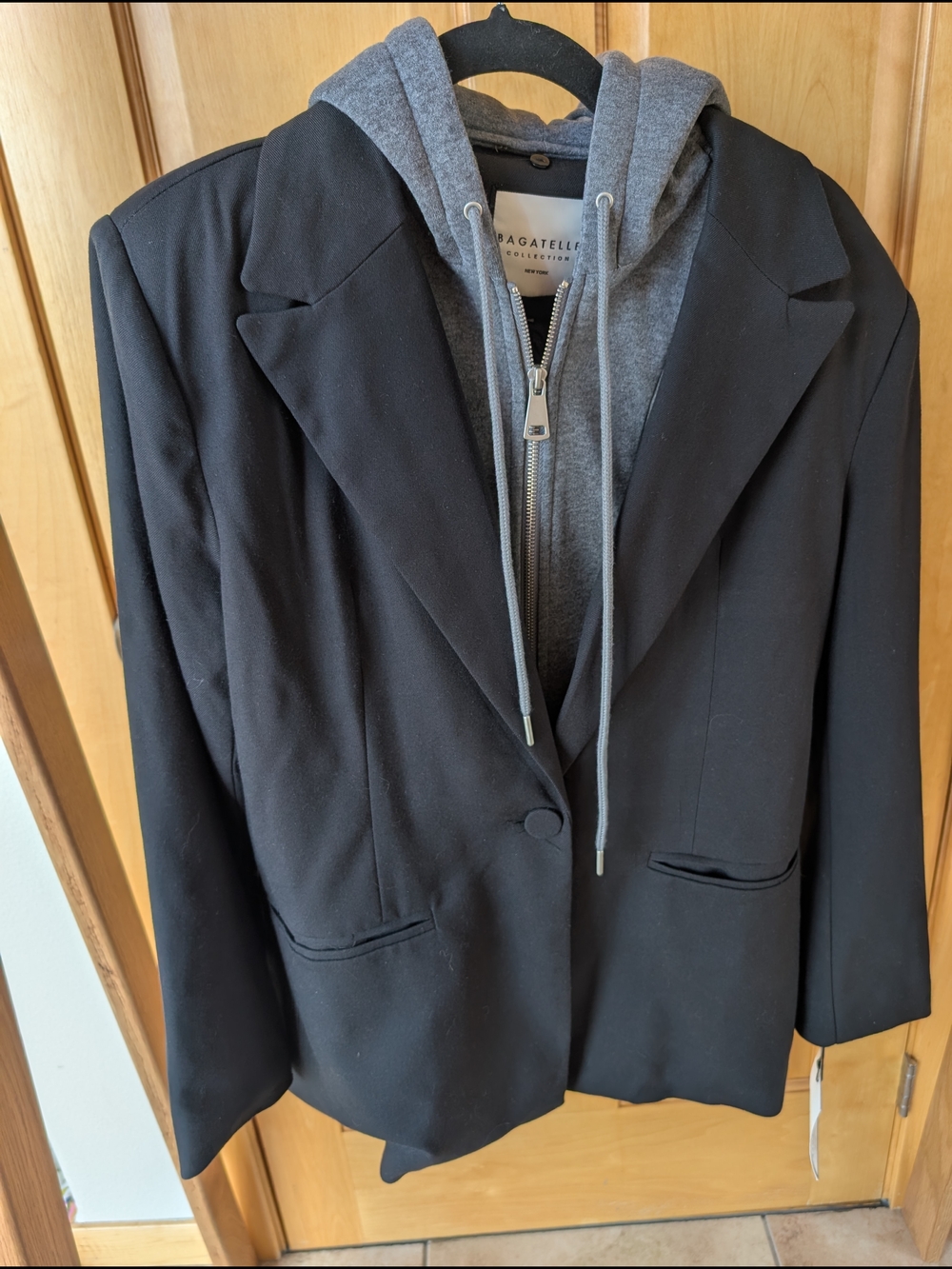 bagatelle Women's Black Blazer with Attached Grey Hoodie Layer